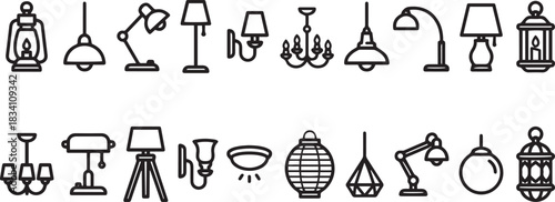 Variety of light fixtures lamps and lanterns vector line art icons