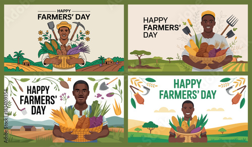 Happy Farmer's Day (Ghana) with Illustrations of Farmers and Harvested Crops