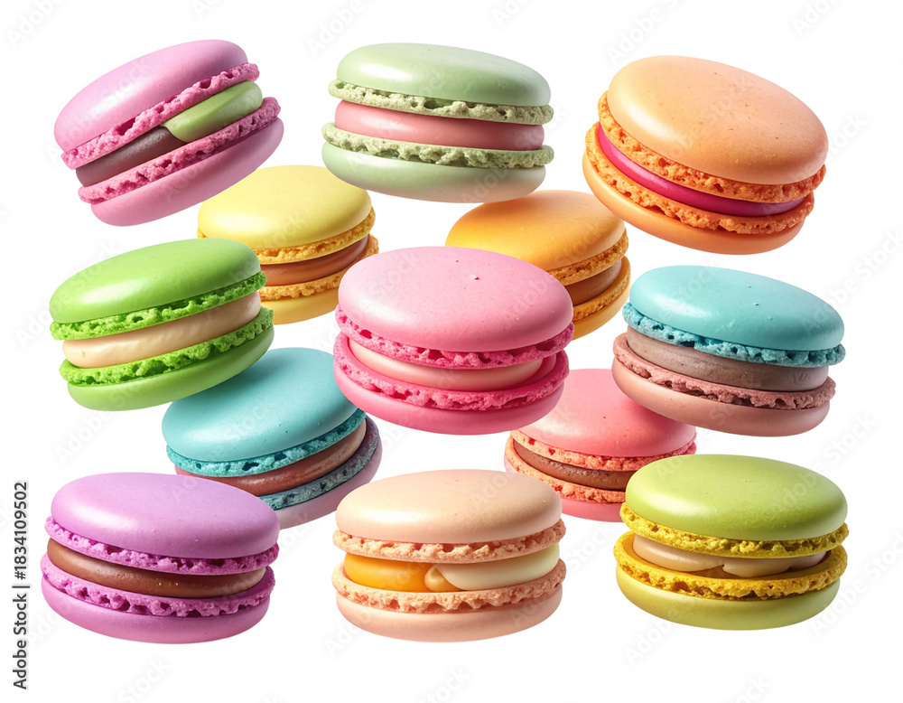 Fototapeta premium Assorted Colorful Macarons Floating Randomly in Mid-Air, Isolated PNG (2)