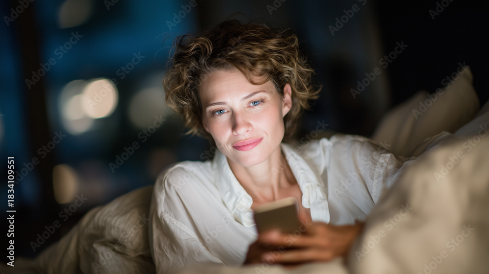 Fototapeta premium Woman resting her head on a pillow while holding a glowing smartphone above her, shadows creating dramatic contrast, tired expression under blue light, late-night tech use theme