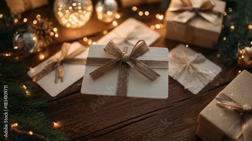 Gift cards elegantly arranged with festive decorations, one gift certificate is flying