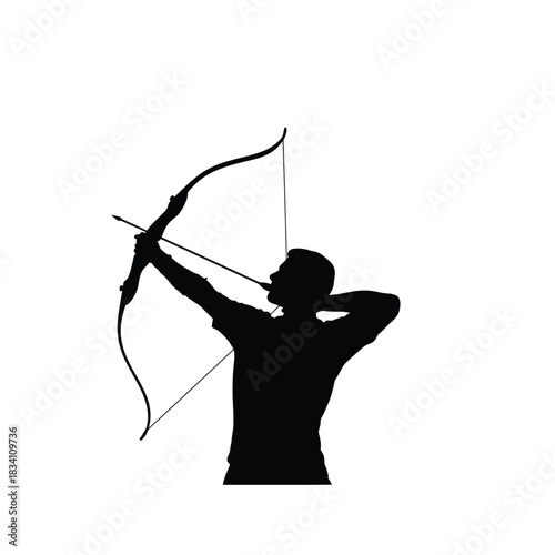 Archer drawing a bow and arrow in silhouette