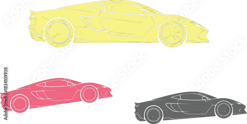 The image features three outlined sports cars, each distinguished by its color and positioned against a clean white background that enhances their visibility. Victor Illustrator Design