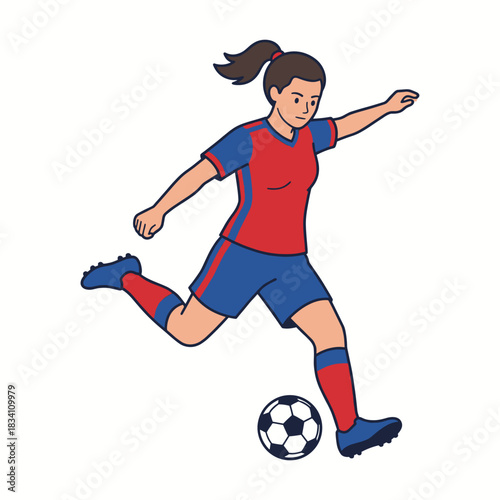 A female soccer player in action, kicking the ball with dynamic movement in a sports setting.