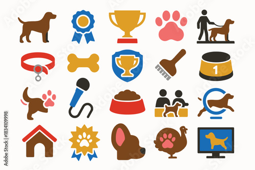 National Dog Show Icon Set with Awards Training Symbols and Pet Elements