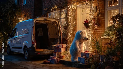 The door to the house closes and a giant teddy bear emerges from the truck and walks towards the door against the backdrop of a decorated New Year's house with presents