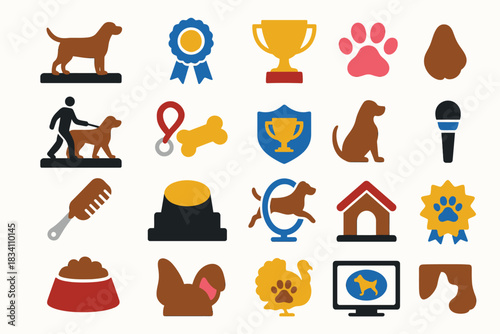 National Dog Show Icon Set with Awards Training Symbols and Pet Elements