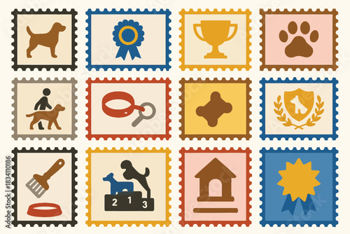 National Dog Show Stamp Icon Set with Awards Training and Pet Symbols