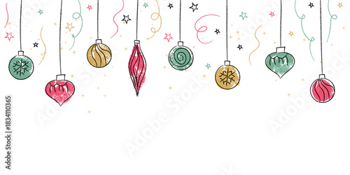 Hand drawn Festive doodle ornaments dangle from pine branches, swirling with stars and ribbons in soft reds, greens, and golds, creating a cheerful holiday border. Merry Christmas, crayon doodle.