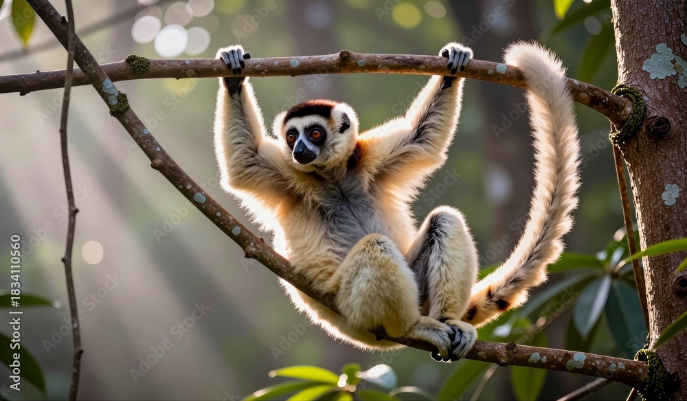Fototapeta premium Lemur swings gracefully through sunlit forest, showcasing nature’s beauty and agility