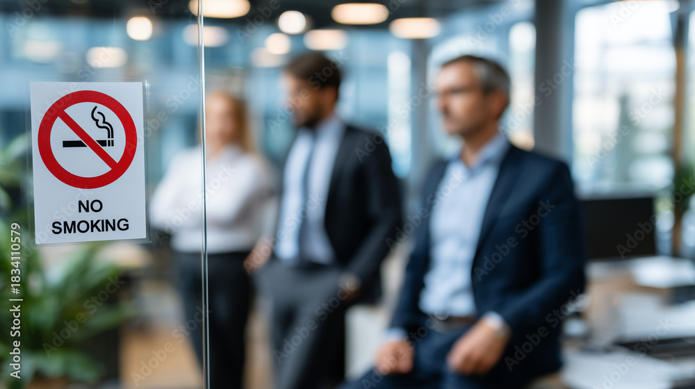 Fototapeta premium Glass office door featuring clear no smoking sign, soft-focus business team behind engaged in work, bright airy workspace emphasizing contemporary design and healthy environment