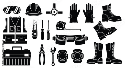 Construction safety equipment vector illustration black and white