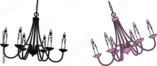 Victor  Design chandeliers, each showcasing a distinct color and design, both equipped with six candle-like lights.Black ChandelierThe black chandelier presents a bold and elegant aesthetic.