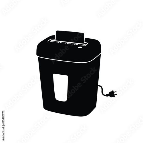 Black silhouette of a paper shredder with power cord silhouette
