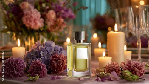 Elegant perfume bottle surrounded by flowers and candles, camera zooms in for detail