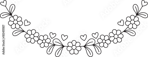 Decorative floral swag with flowers and hearts for romantic atmosphere and message