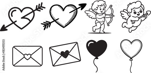 Collection of cherub heart letter drawings for celebration layout project elements style