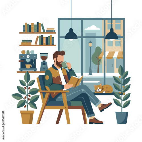 A man is reading a book and drinking coffee in a cozy indoor environment with plants and a city view outside.