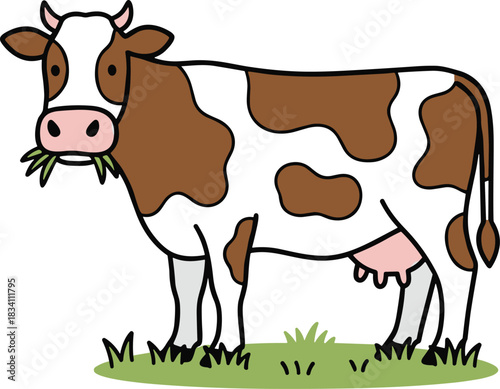 Cartoon cow chewing grass on green patch, farm animal icon, dairy mascot design, flat style, isolated on white background