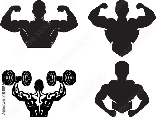 Collection of four black silhouette icons representing bodybuilder poses