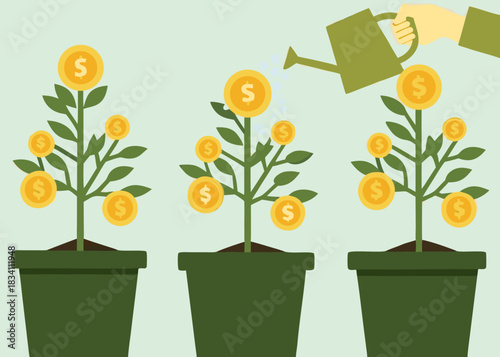 Hand watering money tree plants in pots symbolizing financial growth and investment