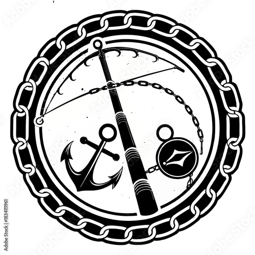 Vintage Fishing Club Emblem with Crossed Rods and Anchor in Chain Border