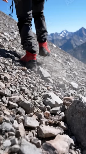 Hiker Ascending Rocky Mountain Terrain With Red Boots