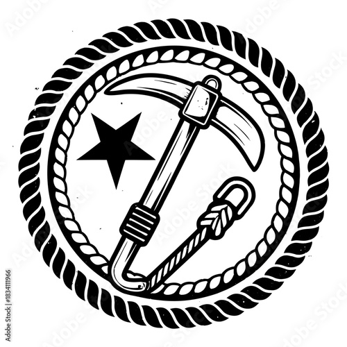 Vintage Rock Climbing Adventure Badge with Ice Pick and Carabiner Rope Border
