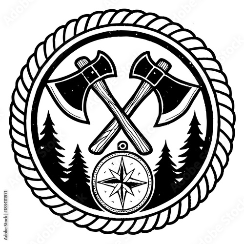 Vintage Outdoor Adventure Badge with Crossed Axes and Compass in Rope Border