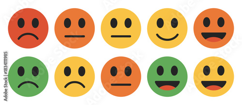 Colorful smiley face icon set. a spectrum of emotions from sad to happy, suitable for apps, web design, educational materials