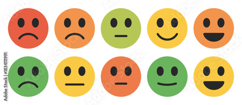 Colorful smiley face icon set. a spectrum of emotions from sad to happy, suitable for apps, web design, educational materials