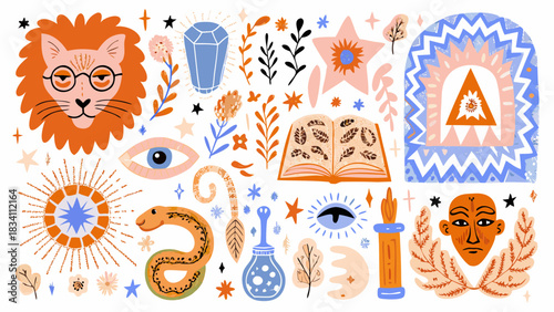 Mystical collection of esoteric symbols and elements