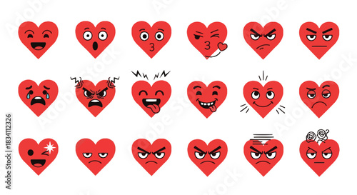 Heart emoji vector set red cartoon expression love valentine emotion