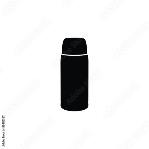 Simple black silhouette of a tall thermos bottle on a white background