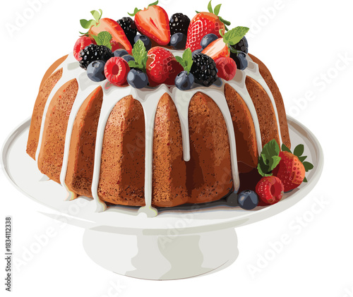 Delicious Homemade Bundt Cake Vector with Drizzled White Glaze Icing and Abundant Fresh Summer Berries Topping on a Classic White Cake Stand.