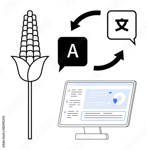 Language learning, agriculture innovation, communication, data analysis, technology interaction, global trade. Corn icon, two speech bubbles computer monitor with data. Language learning