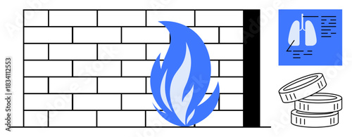 Cybersecurity, risk management, health care monitoring, financial integrity, digital protections, corporate vigilance. Firewall with a flame, lungs infographic stack of coins. Cybersecurity and risk