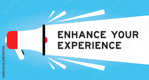 Color megaphone icon with word enhance your experience in white banner on blue background