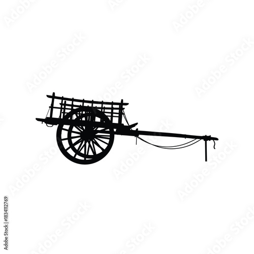 Traditional wooden bull cart silhouette on a white background