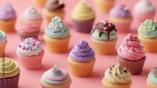 Decorated mini cupcakes scattered across pastel coral background, airy spacing with left empty zone
