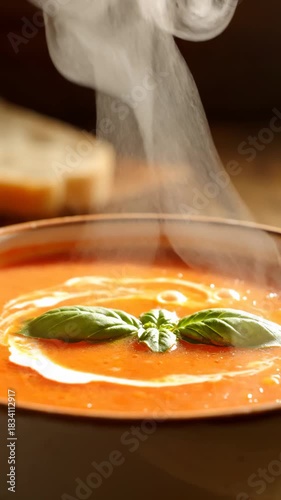 Steaming Tomato Soup Garnished With Basil and Cream