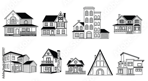 Line art drawings of various house styles architecture real estate