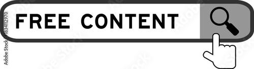 Search banner in word free content with hand over magnifier icon on white background