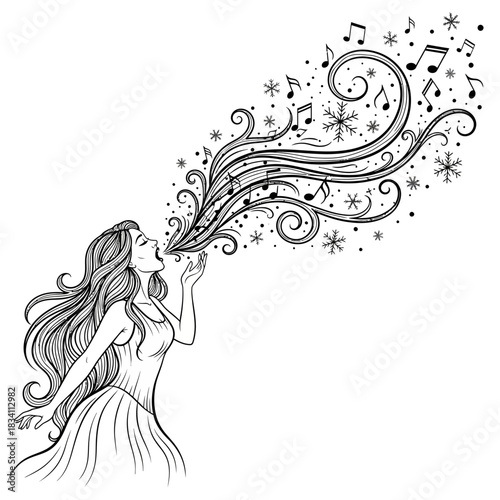Woman singing music notes snowflakes winter christmas holiday celebration performance concert melody harmony song vocal art
