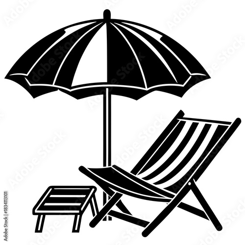 Black and white illustration of a beach chair and umbrella