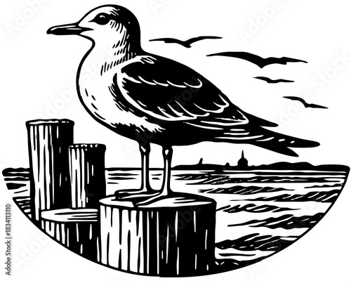 Seagull perched on a wooden post with flying birds and ocean view