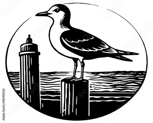 Seagull perched on a wooden post with a lighthouse and ocean waves