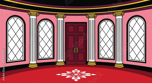Cartoon palace interior background with columns and windows design