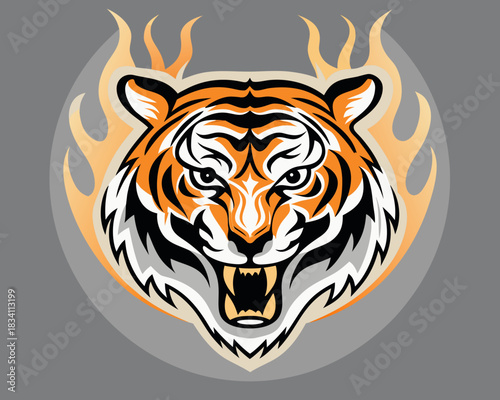 Fierce tiger head with flames illustration