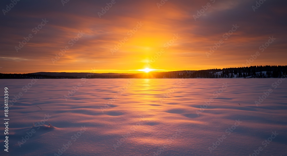 Obraz premium Vibrant Sunset Over Frozen Lake Reflecting Warm Colors.